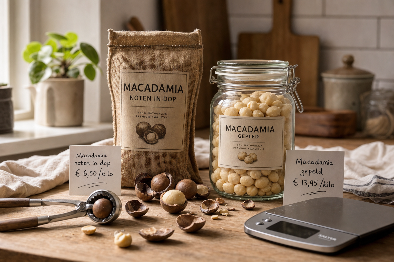 Vergelijking macadamia noten in dop en gepeld