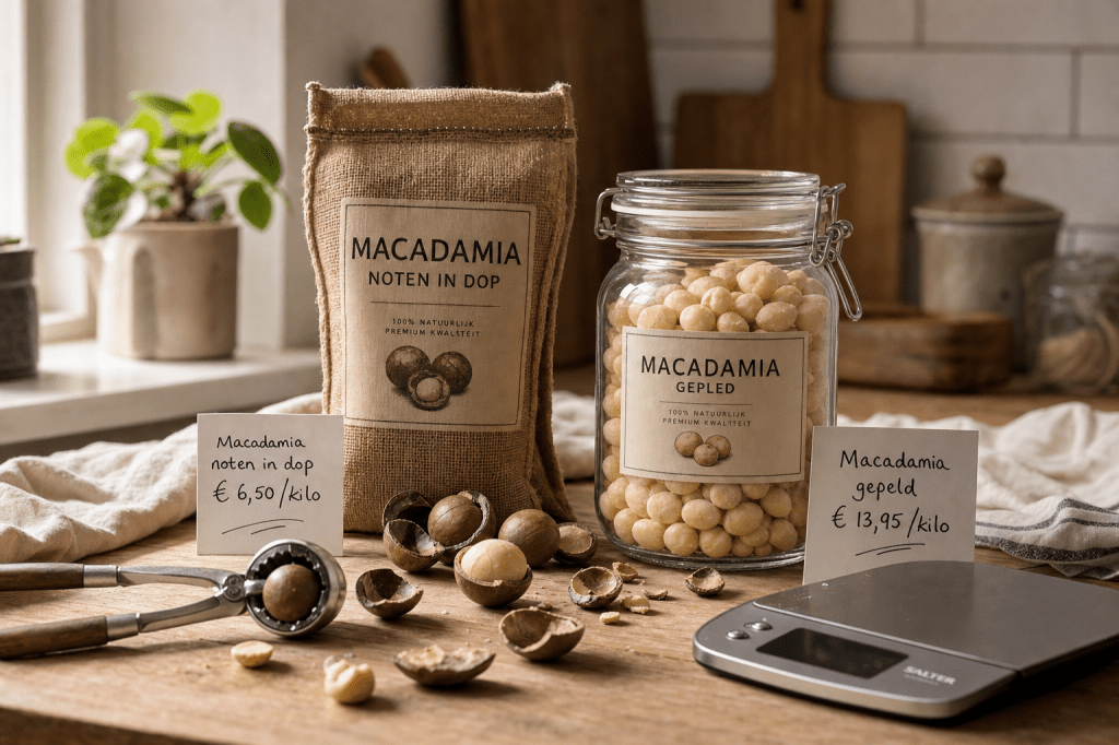 Wat is het verschil tussen macadamia noten in dop en gepelde macadamia’s bij het kopen, en welke optie is het meest voordelig en&nbsp;vers?