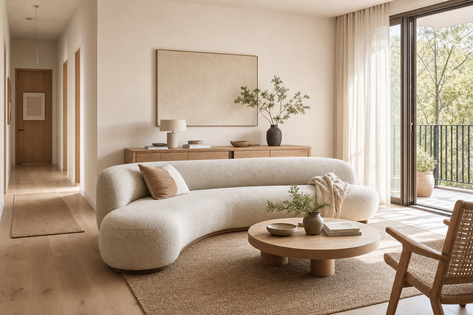 Bank met organische vorm in moderne woonkamer