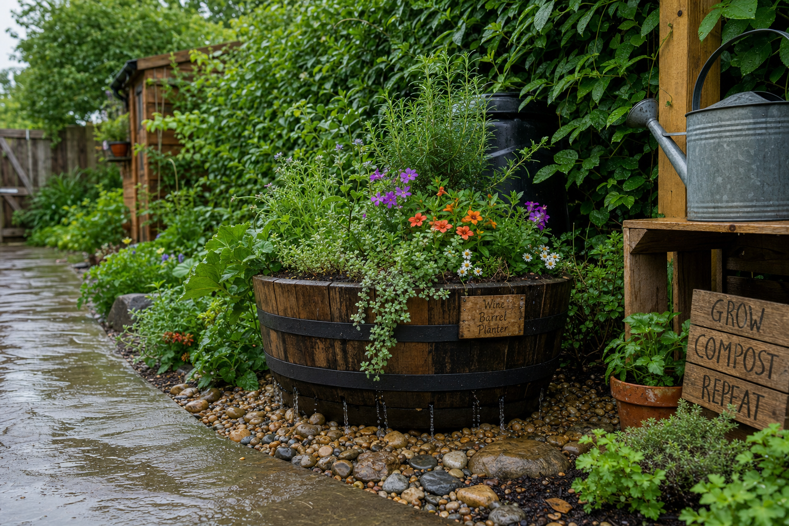 Beplanting in wijnvat plantenbak